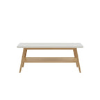 Small table with a white top and wooden legs on a white background