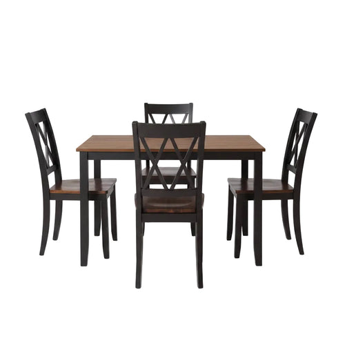 Dining room set with a table and four chairs in a well-lit room.