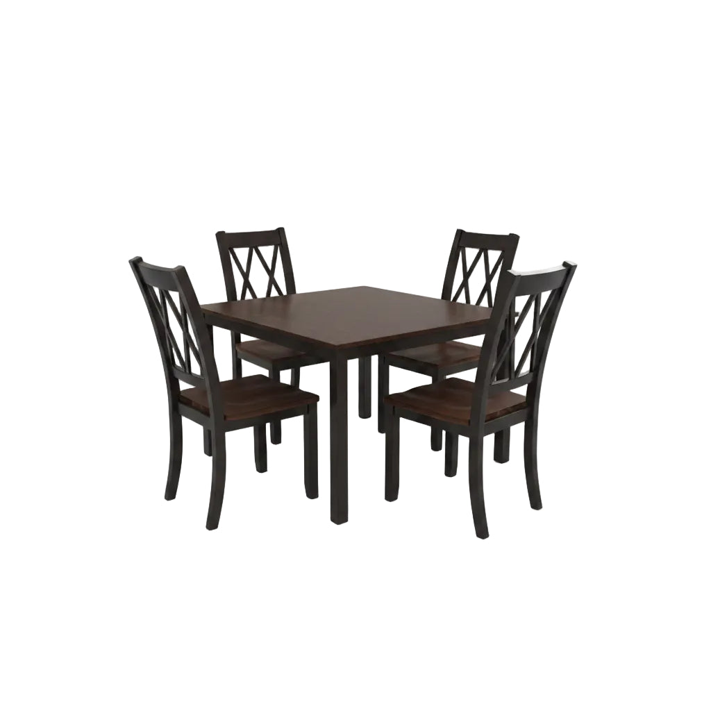 Dining room with wooden table and chairs on a patterned rug, kitchen in the background.