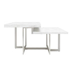 Two white marble tables with metal legs on a white background