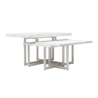 White marble dining table with a minimalist design on a white background