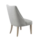 Gray upholstered chair with wooden legs on a white background