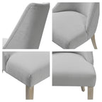 Gray upholstered chair with wooden legs shown from multiple angles on a white background